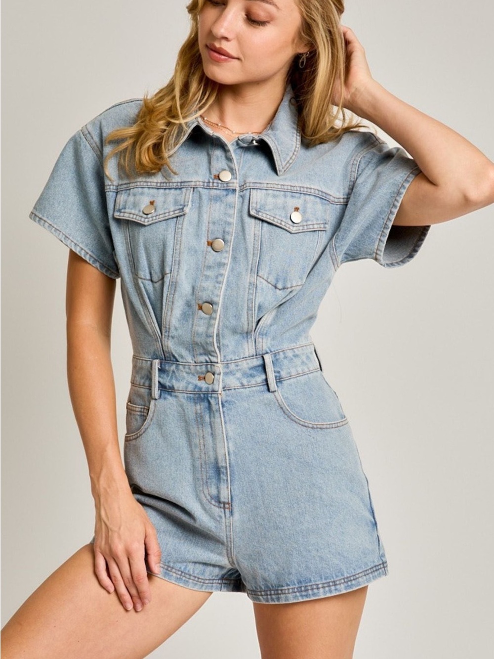 Le Lis Light Blue Denim Romper Women’s Small